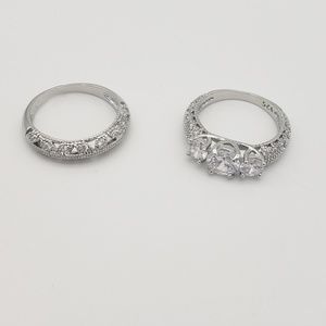 S925 Sterling Silver Filigree CZ Wedding Ring Set